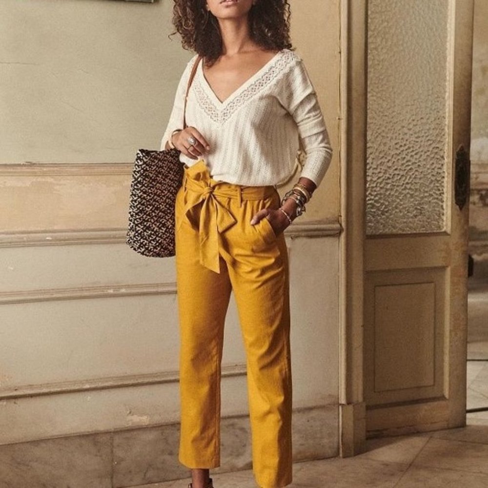 Sezane Mustard Tie-Waist Paperbag Pants